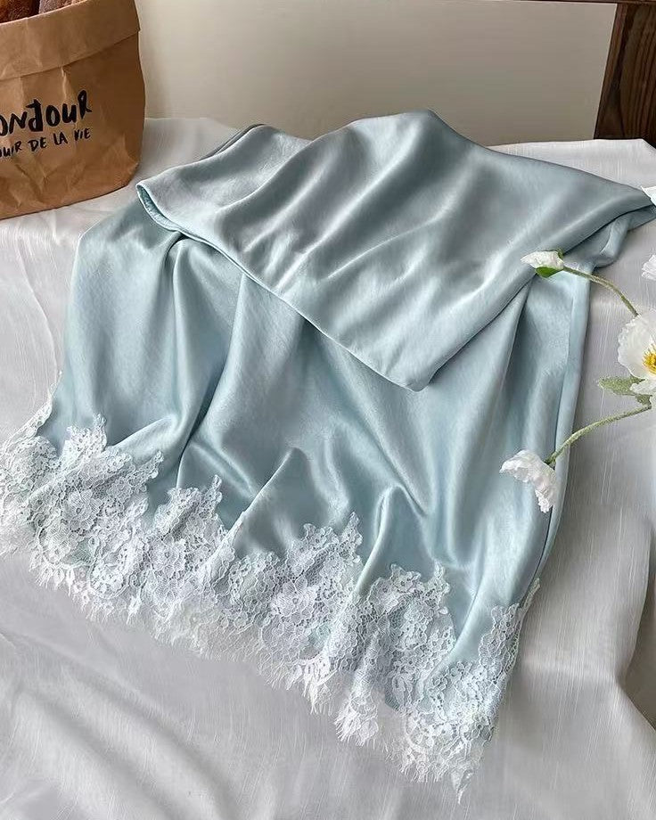 Lace Hem Satin Bias Cut Midi Skirt - Blue