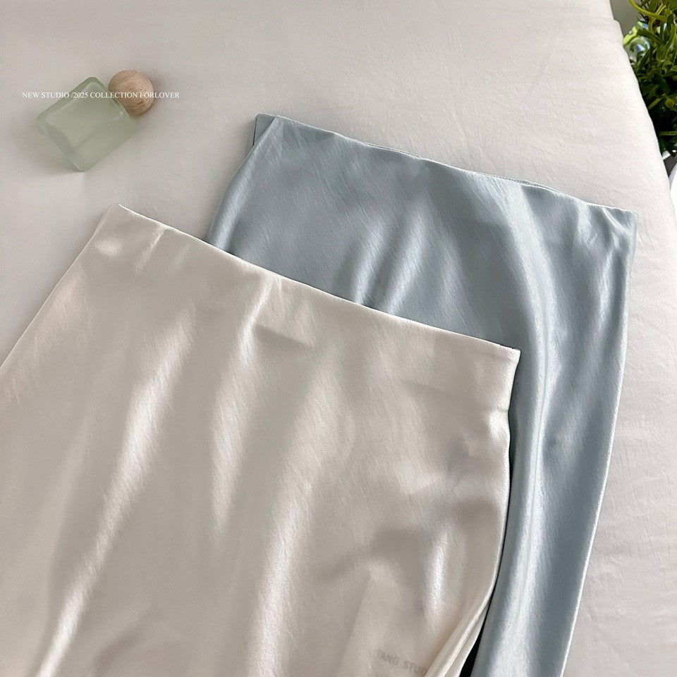 Lace Hem Satin Bias Cut Midi Skirt - Blue - 1