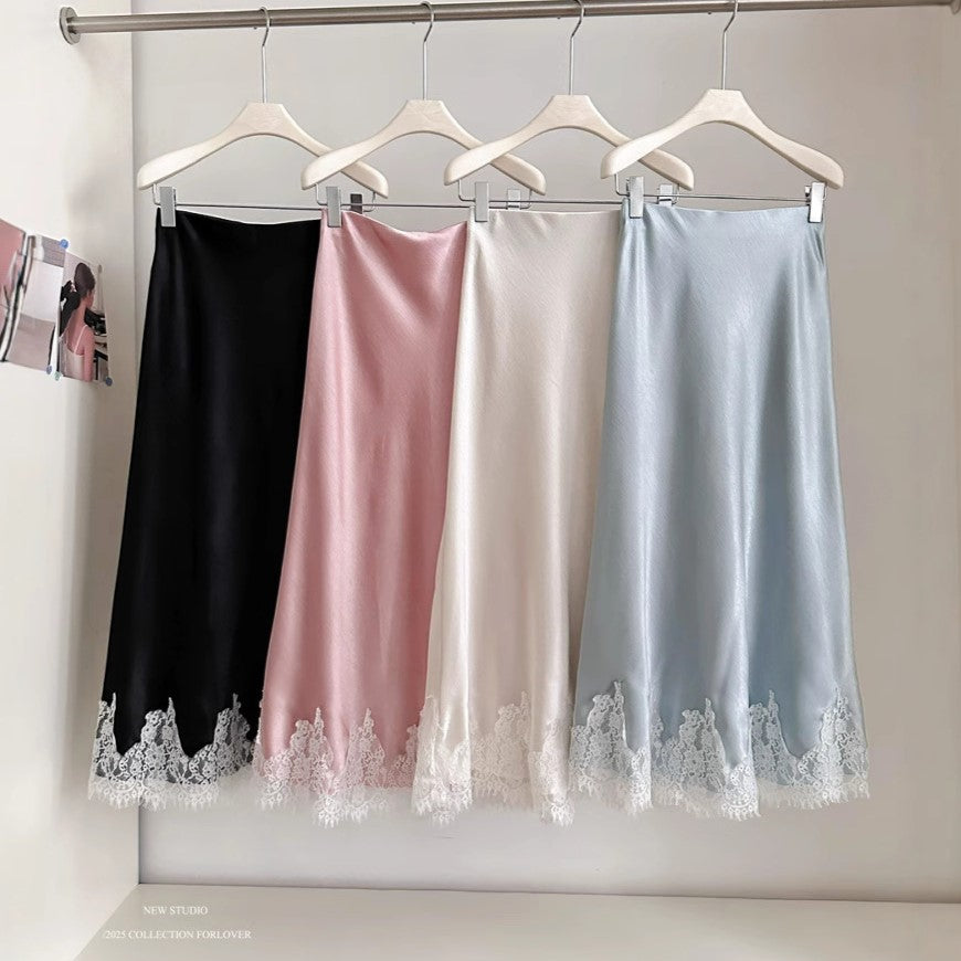 Lace Hem Satin Bias Cut Midi Skirt - Blue - 3