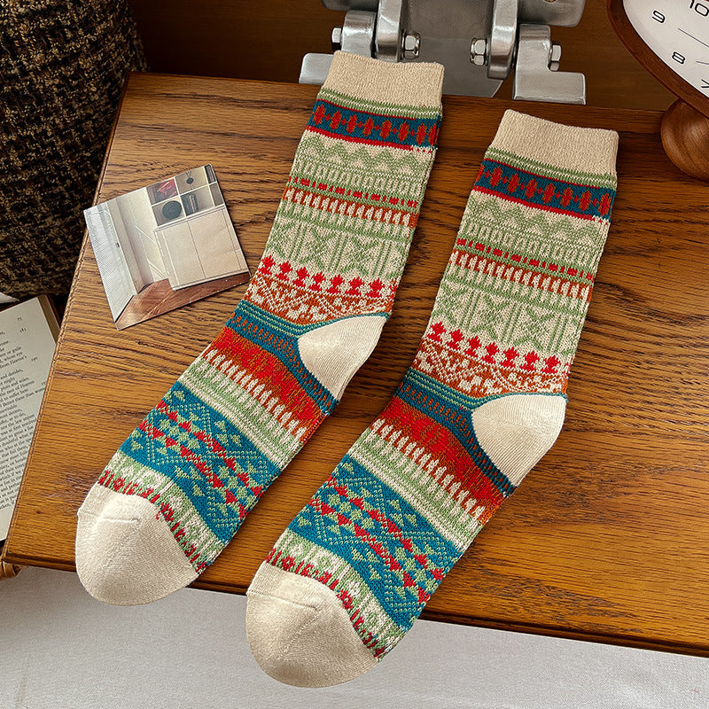 Aztec Stripe Thick Knit Winter Socks - Khaki