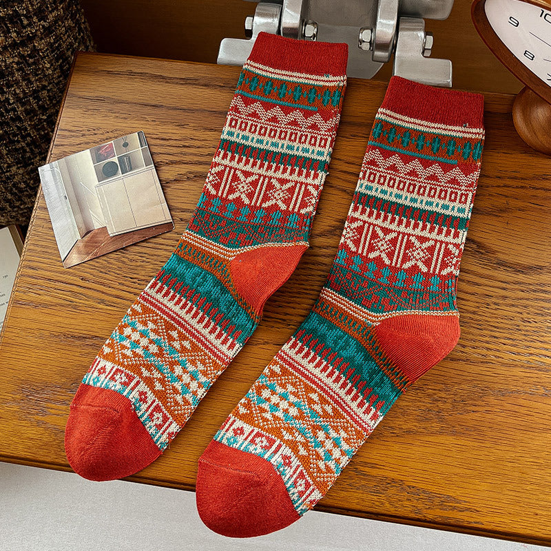 Aztec Stripe Thick Knit Winter Socks - Red