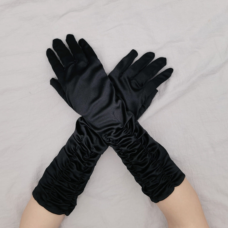 Ruched Satin Elbow Length Evening Gloves - Black