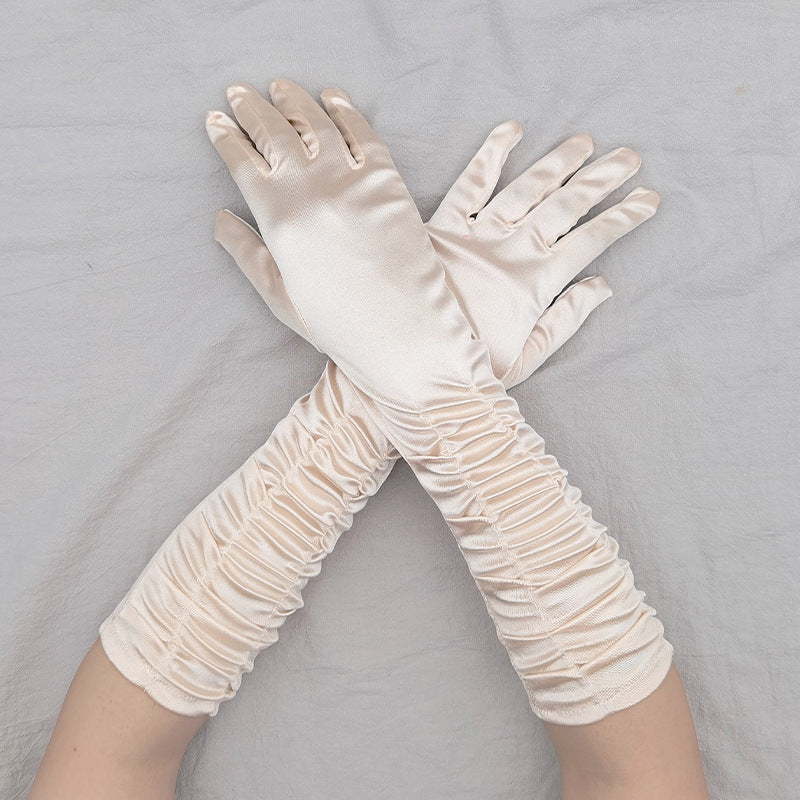 Ruched Satin Elbow Length Evening Gloves - Champagne