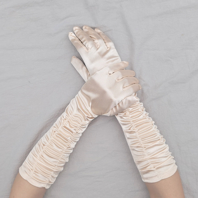 Ruched Satin Elbow Length Evening Gloves - Champagne - 1