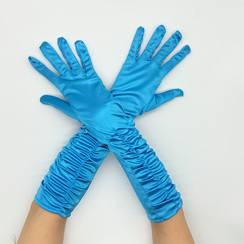 Ruched Satin Elbow Length Evening Gloves - EmeraldBlue