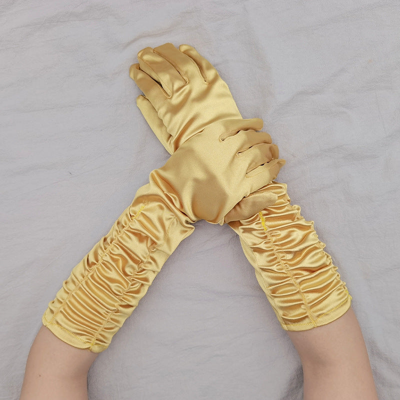 Ruched Satin Elbow Length Evening Gloves - Golden