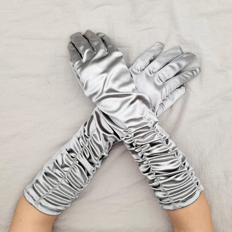 Ruched Satin Elbow Length Evening Gloves - Grey