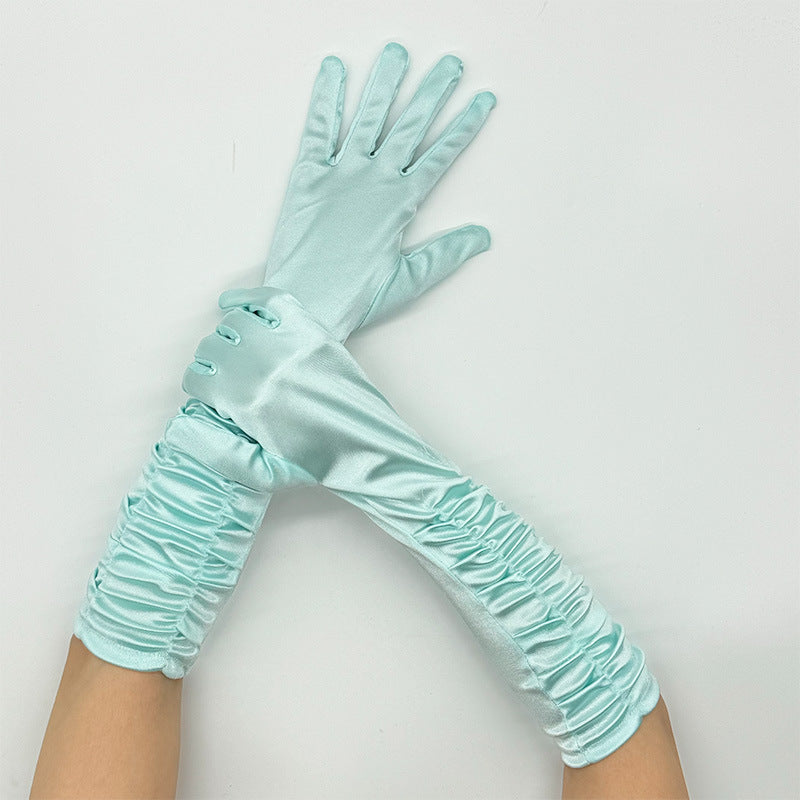 Ruched Satin Elbow Length Evening Gloves - LakeBlue