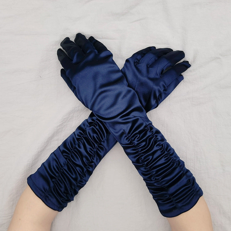 Ruched Satin Elbow Length Evening Gloves - NavyBlue