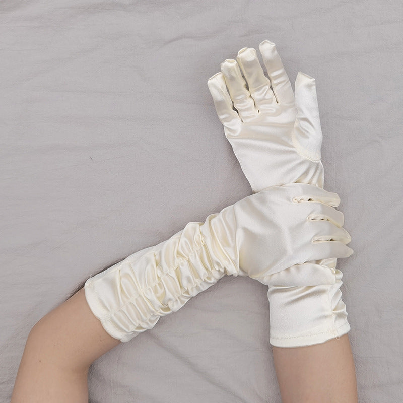 Ruched Satin Elbow Length Evening Gloves - OffWhite