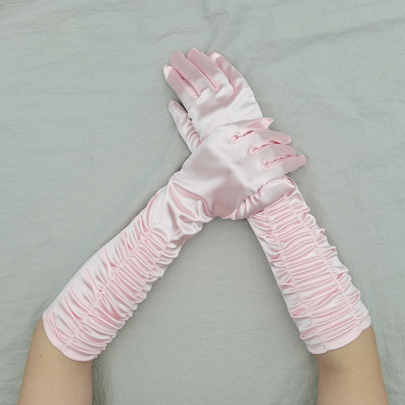 Ruched Satin Elbow Length Evening Gloves - Pink