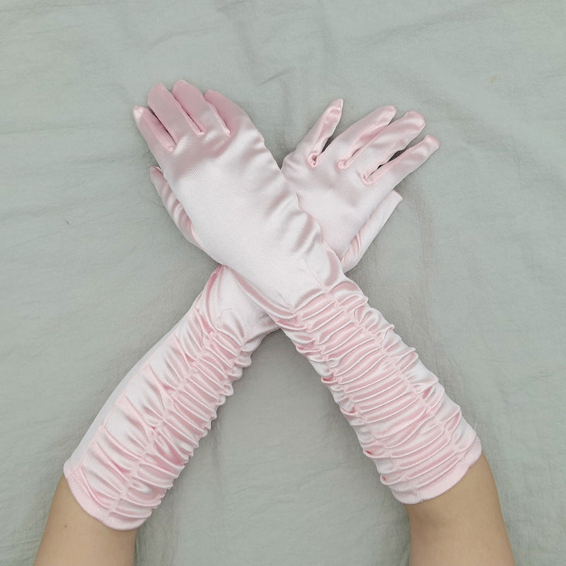 Ruched Satin Elbow Length Evening Gloves - Pink - 1
