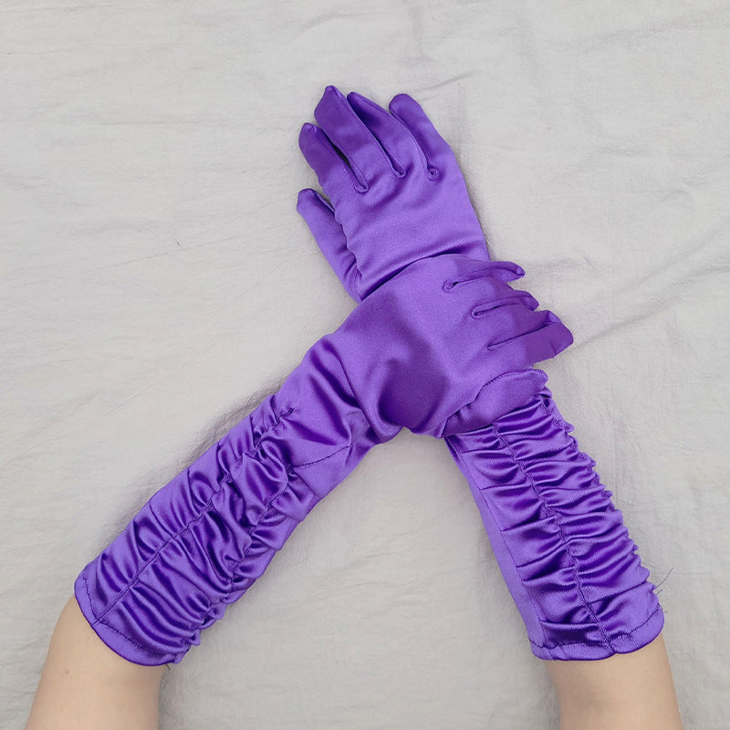 Ruched Satin Elbow Length Evening Gloves - Purple