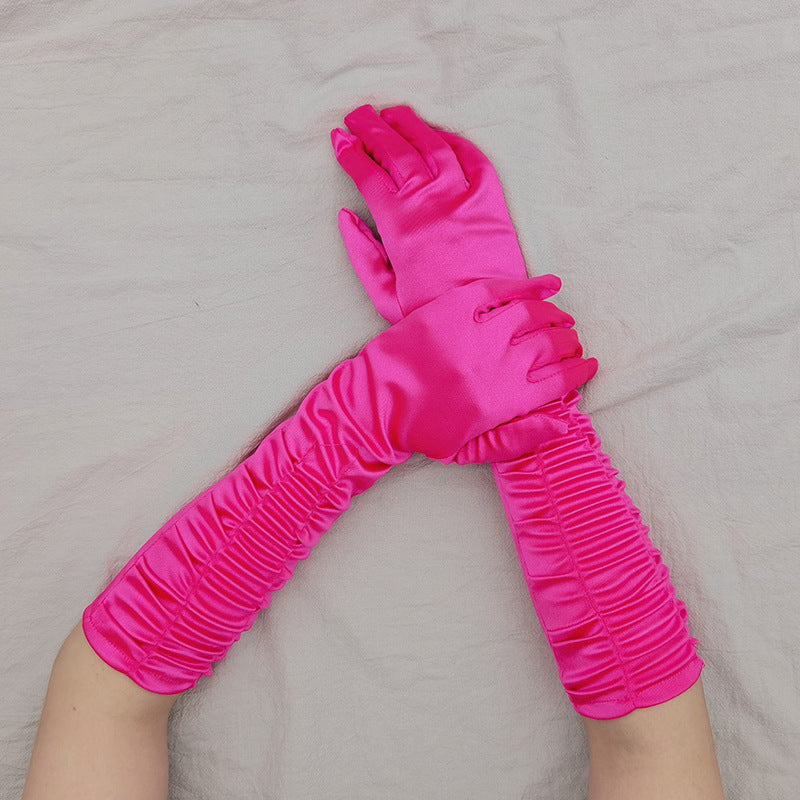 Ruched Satin Elbow Length Evening Gloves - RoseRed