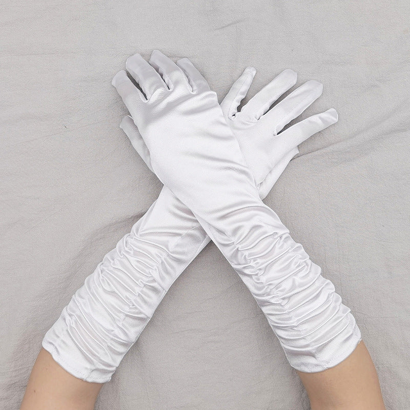 Ruched Satin Elbow Length Evening Gloves - White