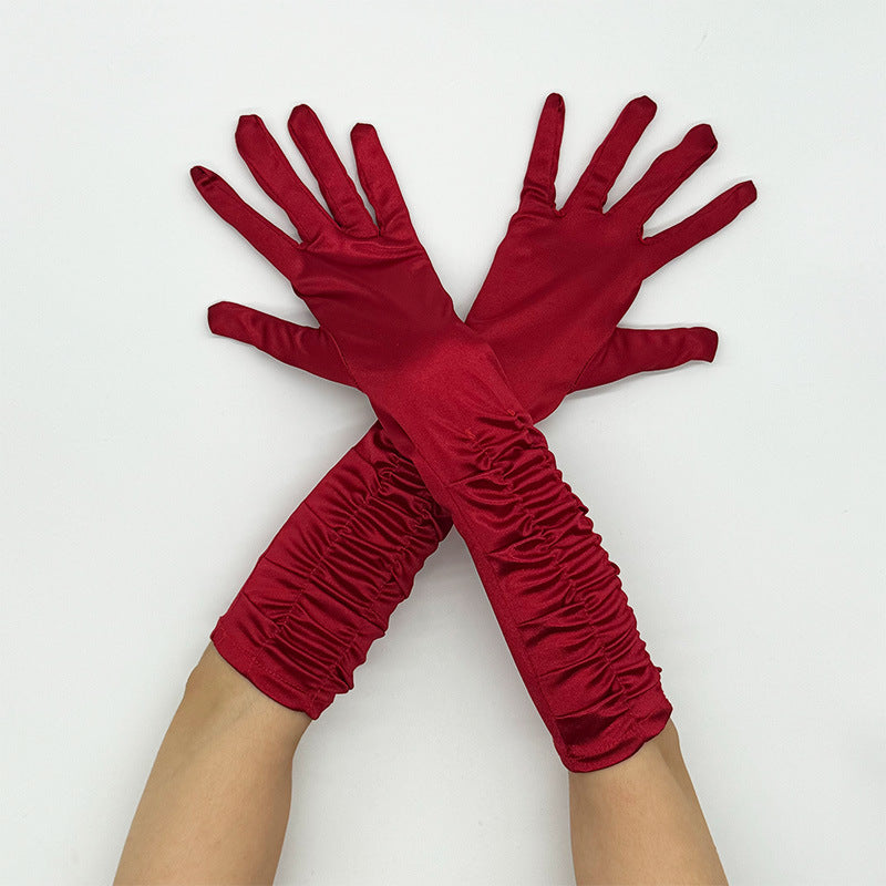 Ruched Satin Elbow Length Evening Gloves - WineRed