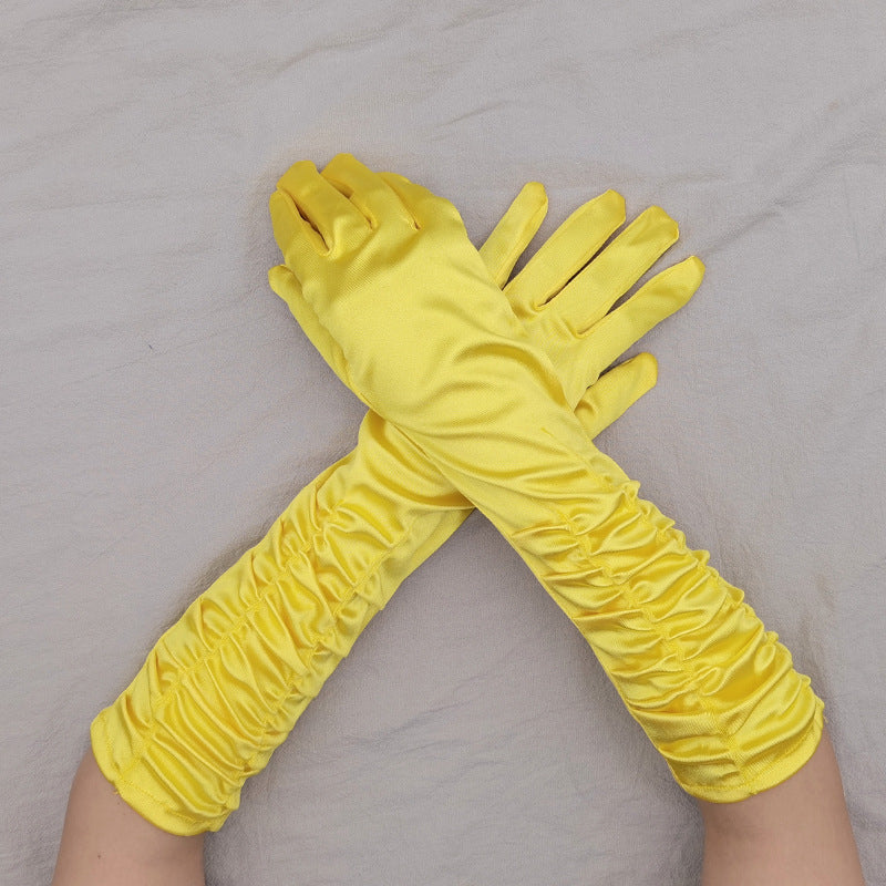 Ruched Satin Elbow Length Evening Gloves - Yellow