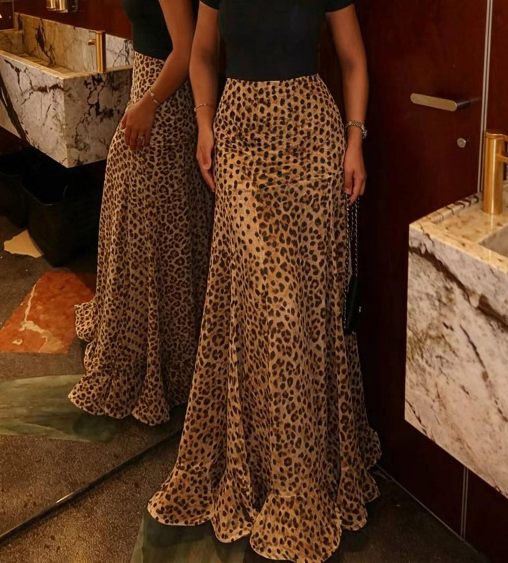 Flowy High Waist Fishtail Chiffon Maxi Skirt - Leopard