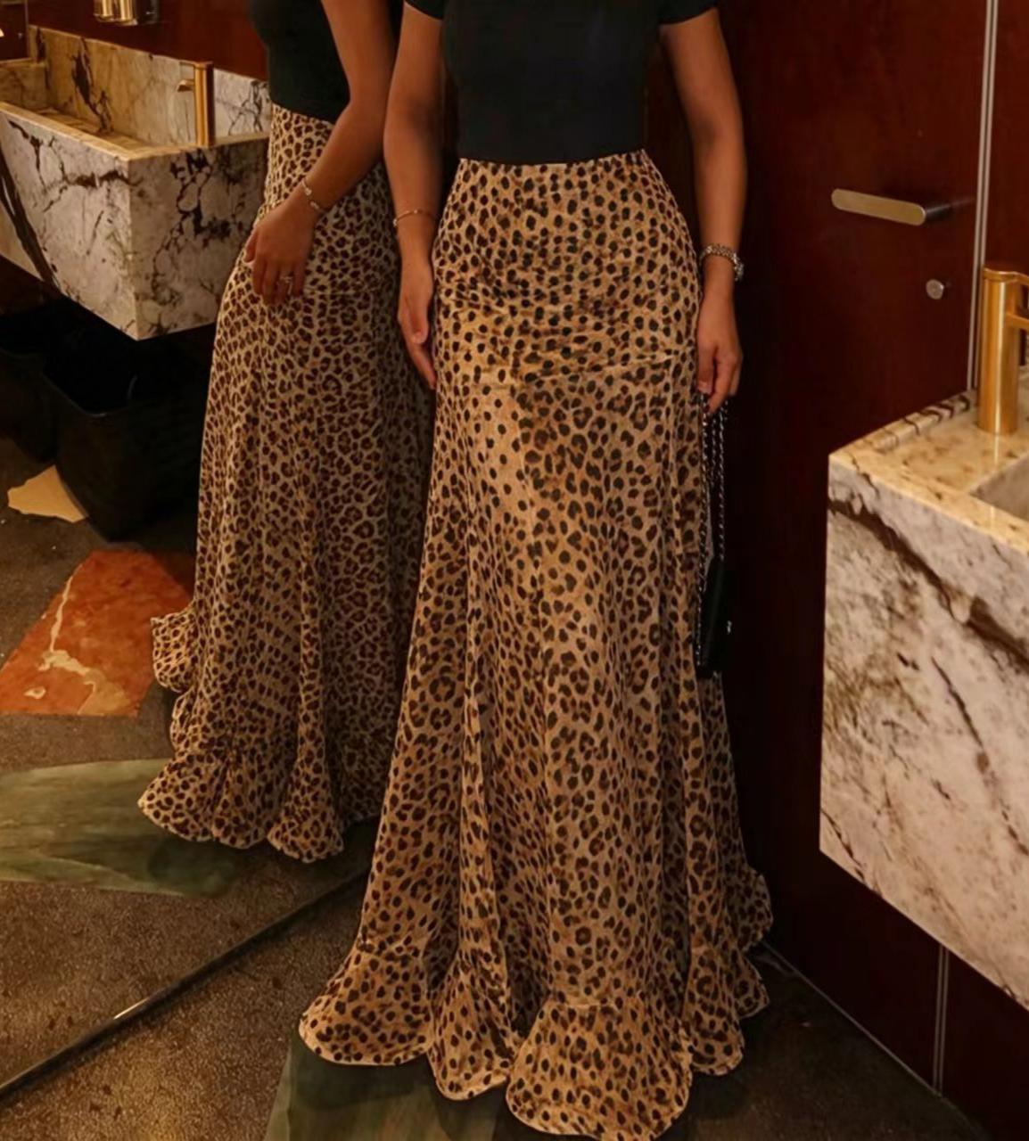 Flowy High Waist Fishtail Chiffon Maxi Skirt - Leopard