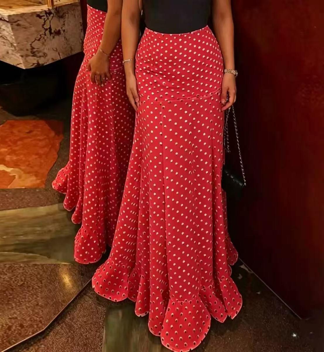 Flowy High Waist Fishtail Chiffon Maxi Skirt - Red