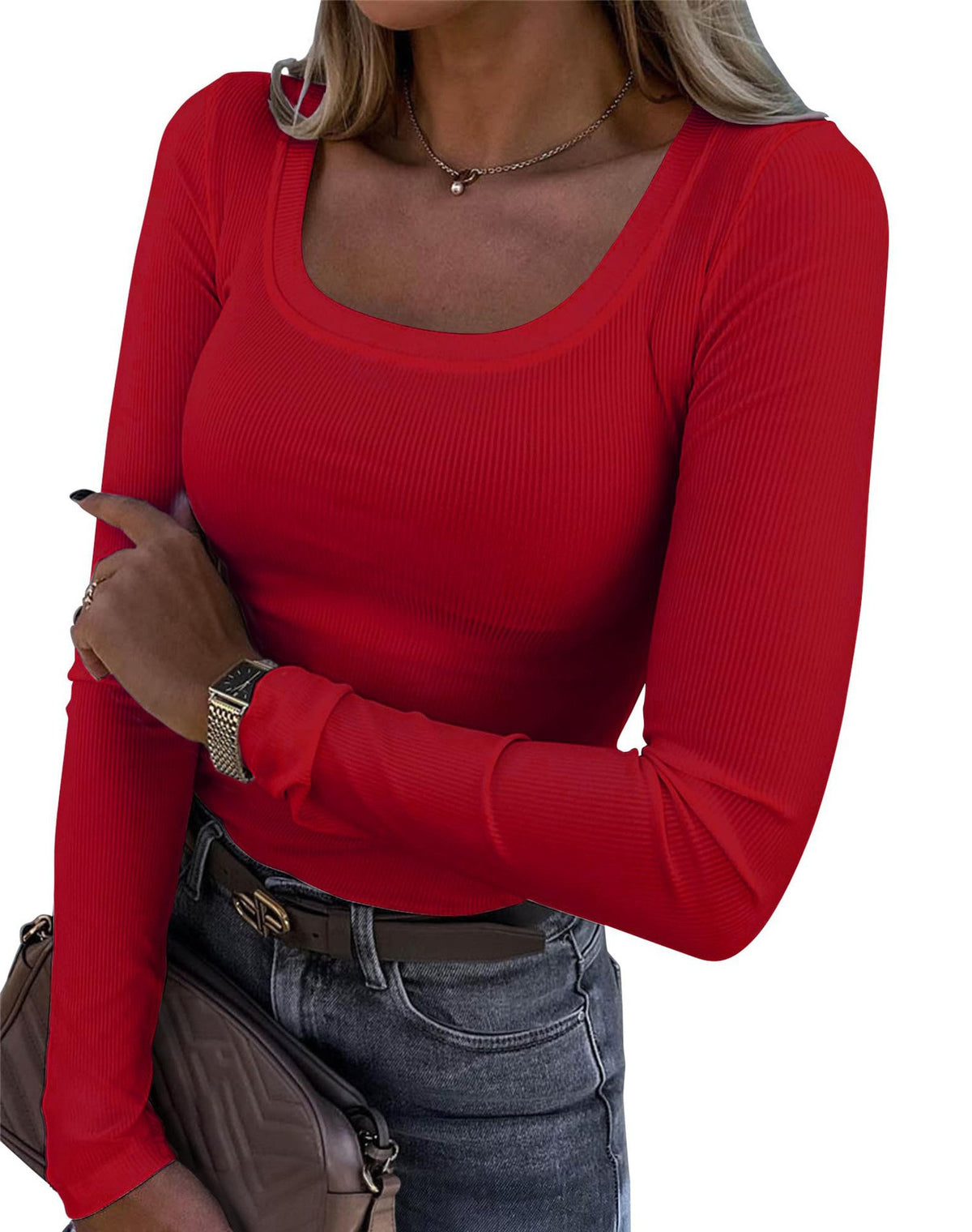Ribbed Scoop Neck Slim Fit Tee - Red_L