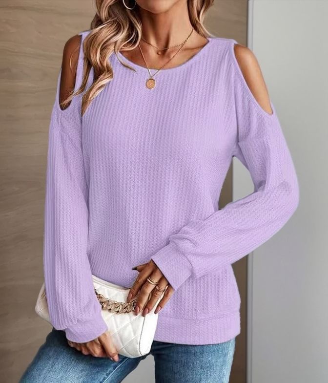 Cold Shoulder Cutout Long Sleeve Tee - purple