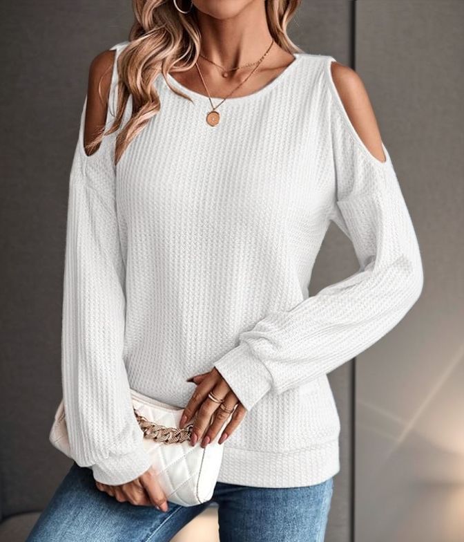 Cold Shoulder Cutout Long Sleeve Tee - white