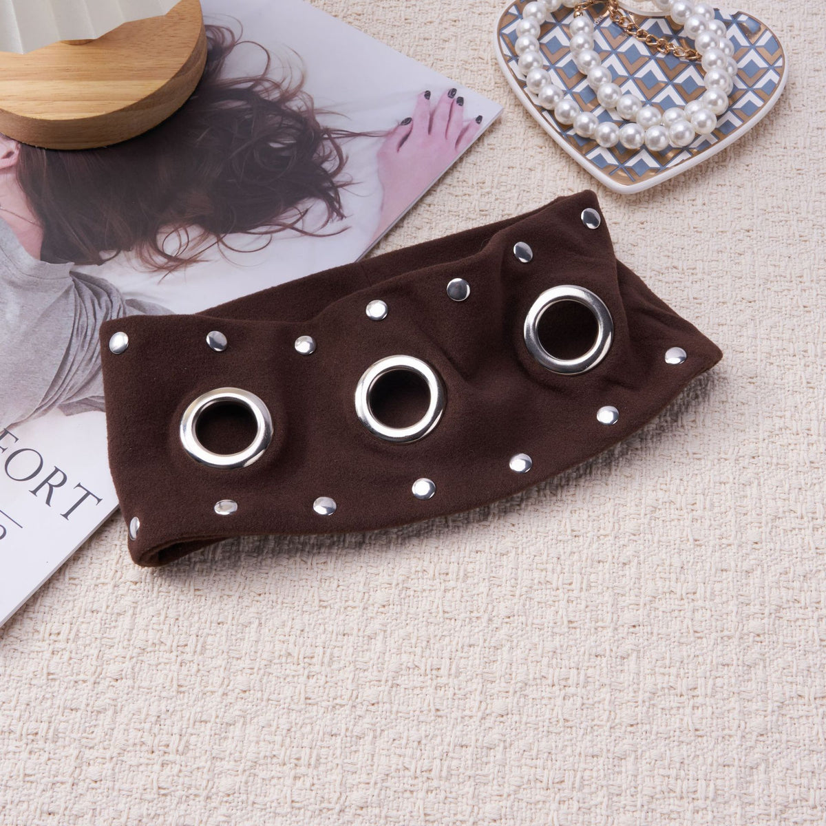 Studded Grommet Wide Jersey Headband - Coffee