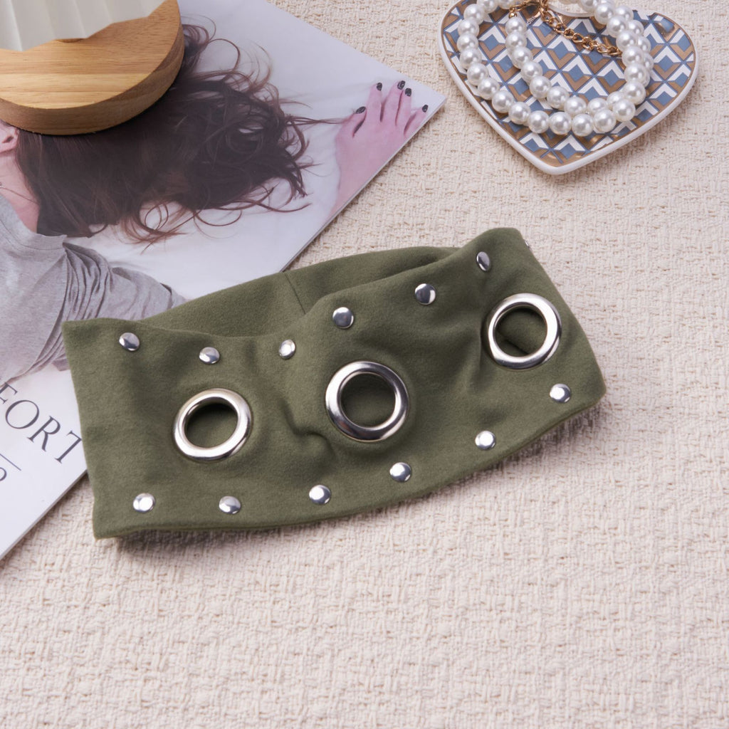 Studded Grommet Wide Jersey Headband - Olive