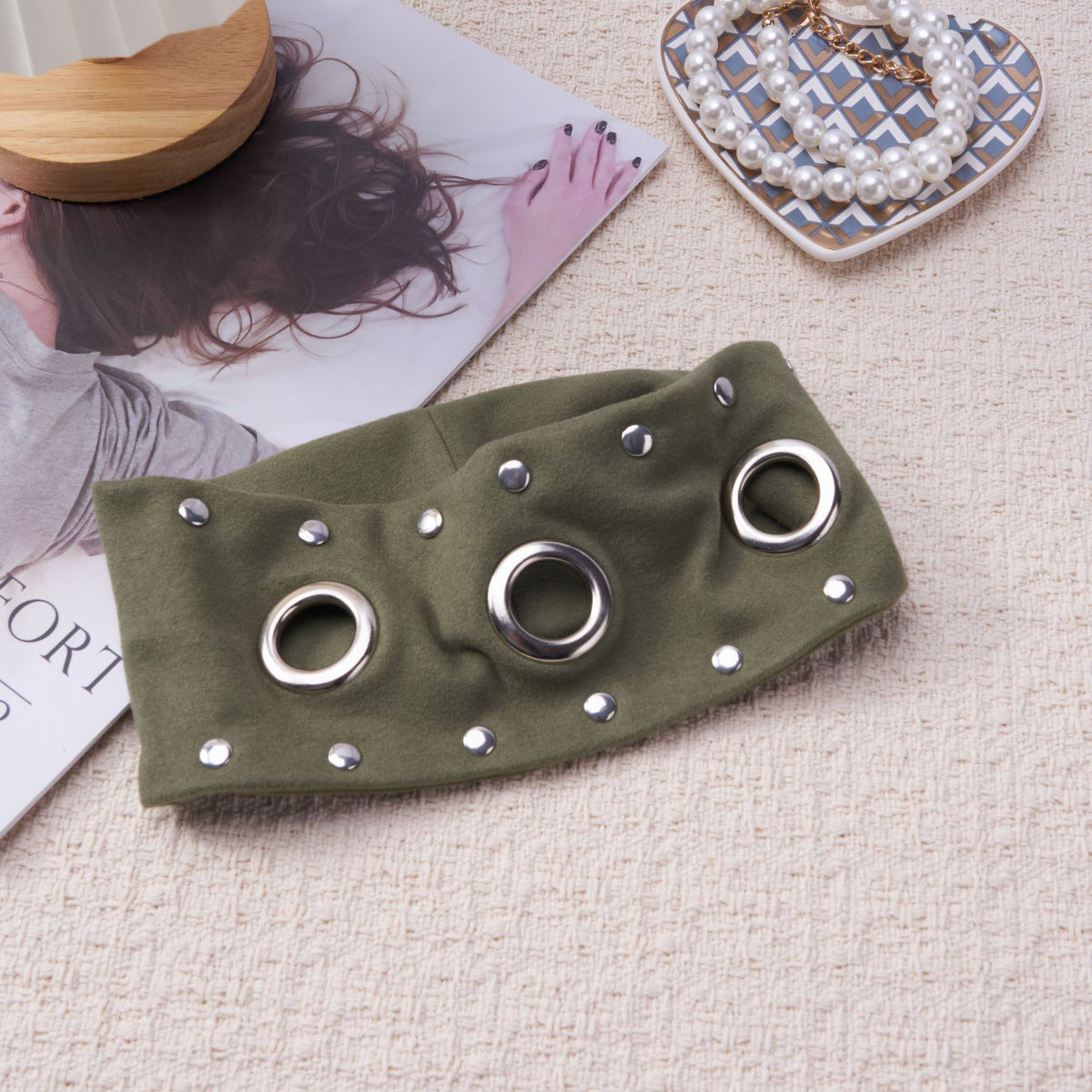 Studded Grommet Wide Jersey Headband - Olive