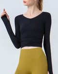 Ruched Cropped Long Sleeve Yoga Top - Black