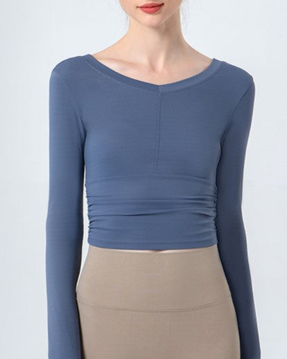 Ruched Cropped Long Sleeve Yoga Top - Blue