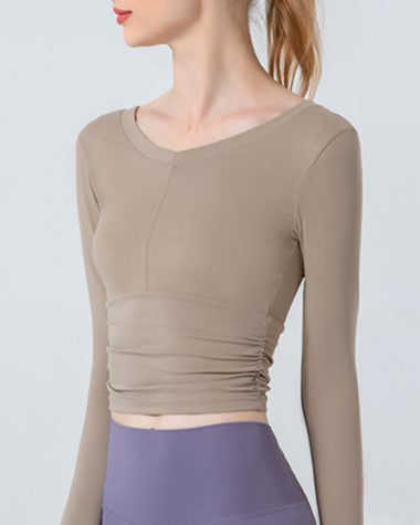 Ruched Cropped Long Sleeve Yoga Top - Khaki