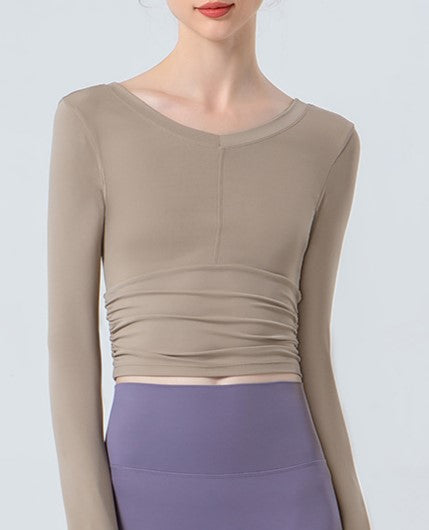 Ruched Cropped Long Sleeve Yoga Top - Khaki - 1