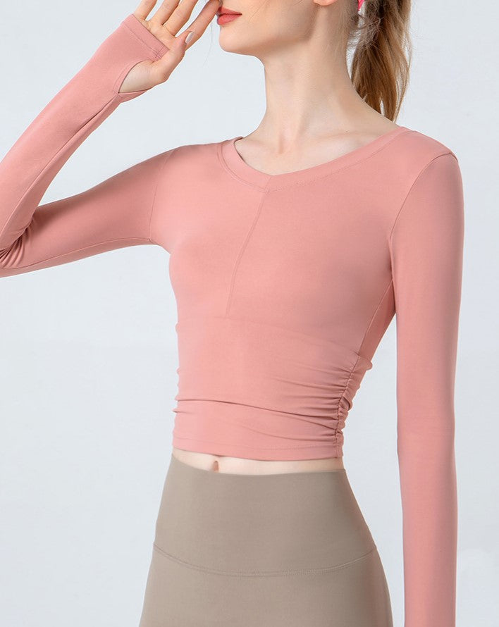 Ruched Cropped Long Sleeve Yoga Top - Pink