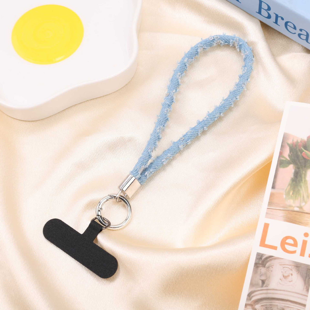 Fringed Denim Wrist Loop Phone Lanyard - Blue