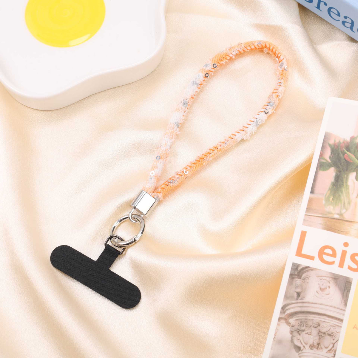 Fringed Denim Wrist Loop Phone Lanyard - Orange