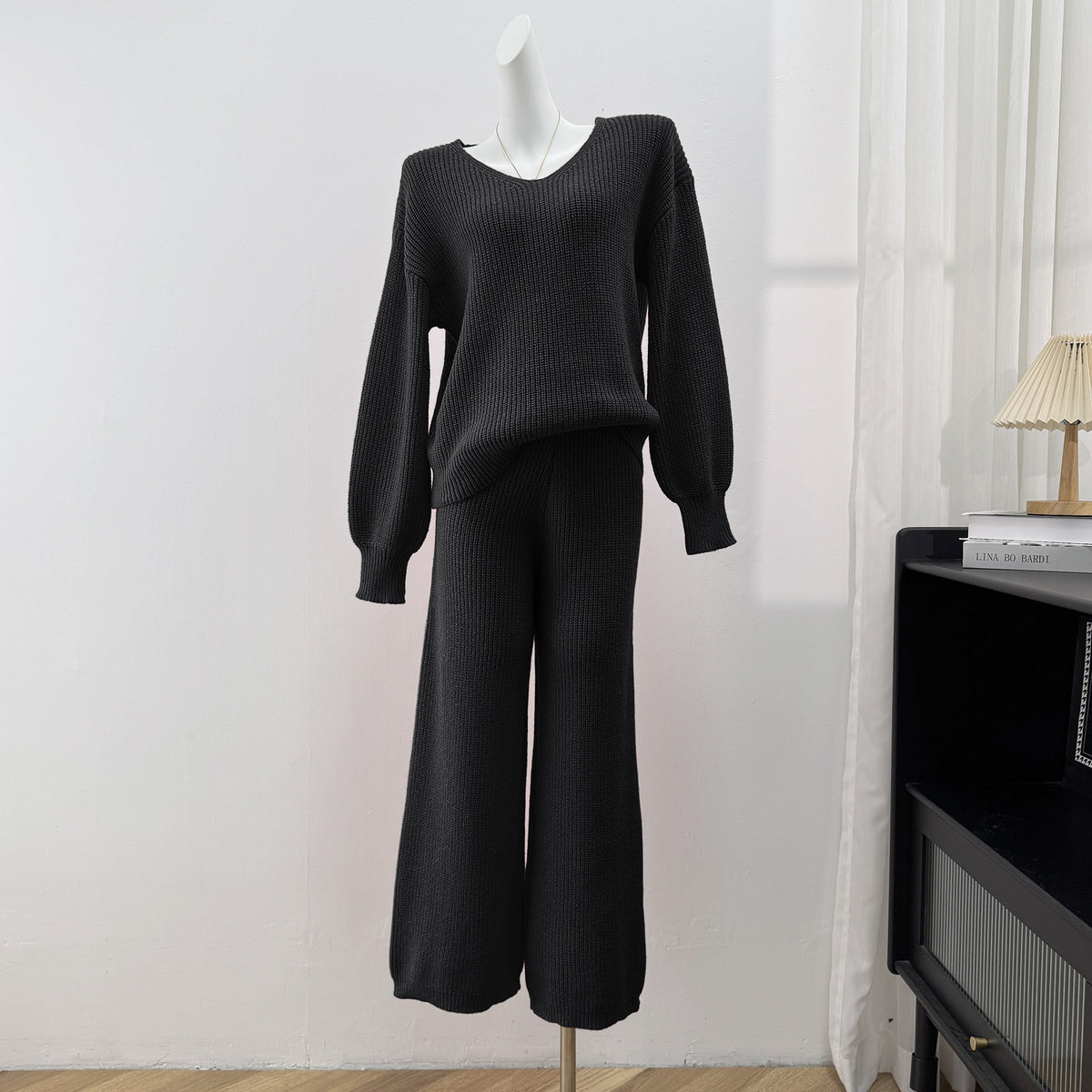 Ribbed Knit Top And Wide Leg Pants Set - Black