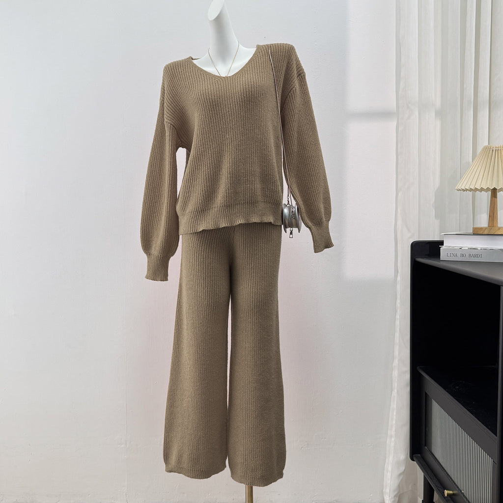 Ribbed Knit Top And Wide Leg Pants Set - Camel