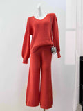 Ribbed Knit Top And Wide Leg Pants Set - Orange