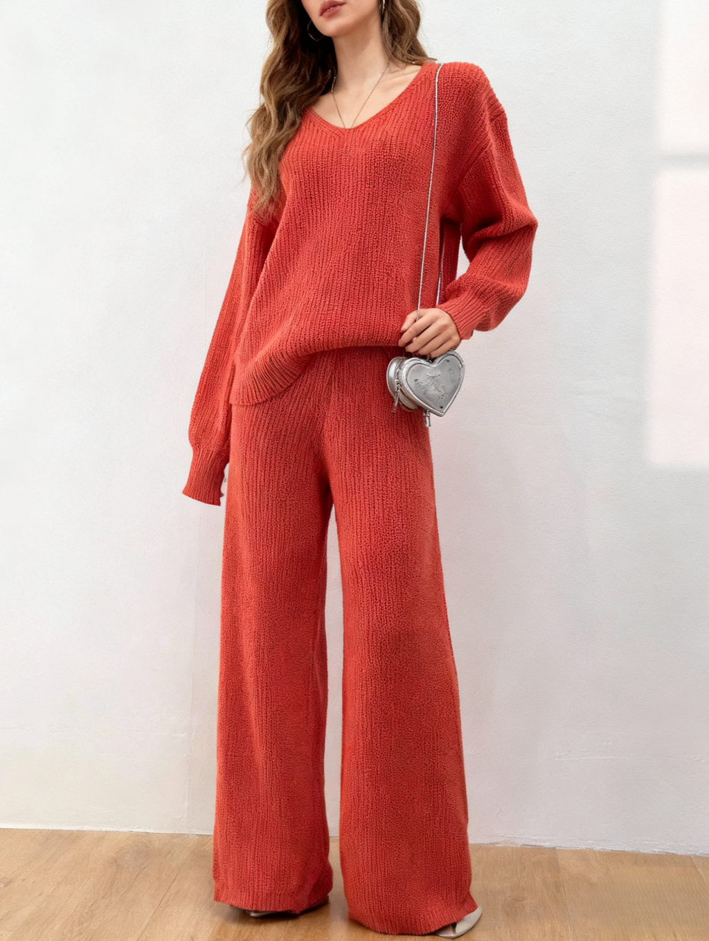 Ribbed Knit Top And Wide Leg Pants Set - view 1