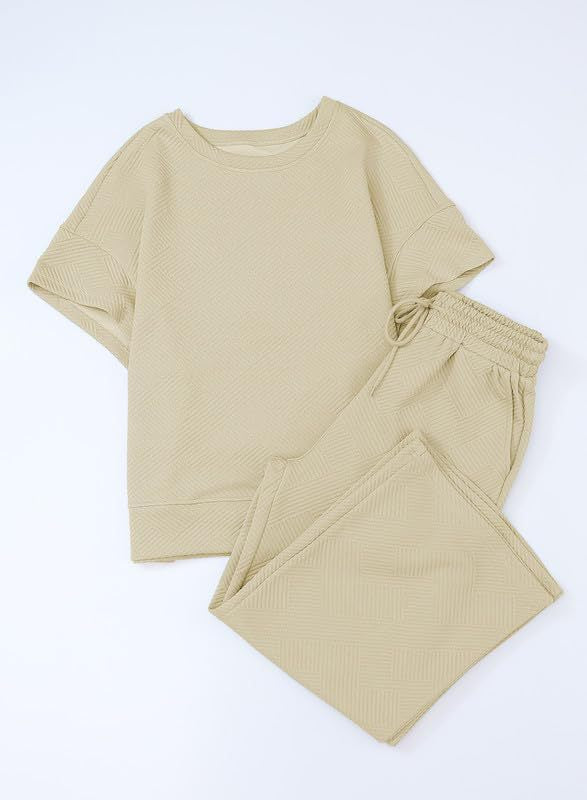 Ribbed Drop Shoulder Top And Wide Leg Set - Apricot - 1