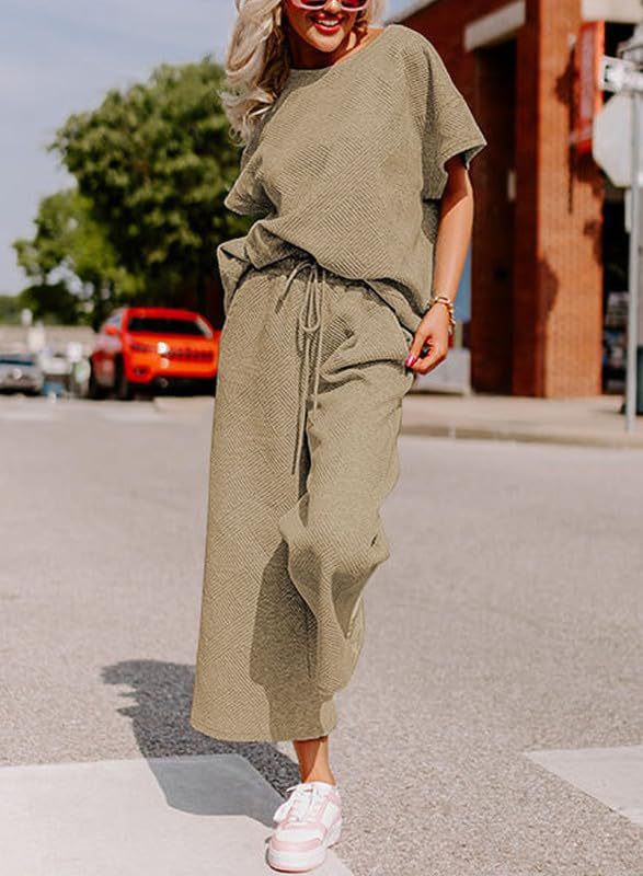 Ribbed Drop Shoulder Top And Wide Leg Set - Khaki