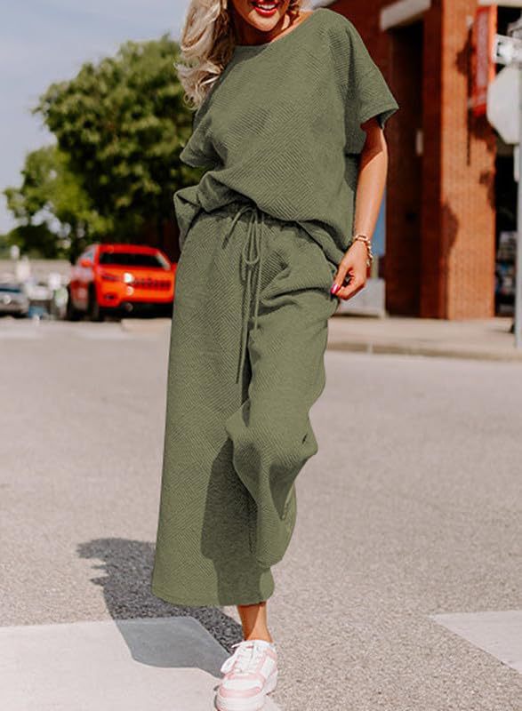 Ribbed Drop Shoulder Top And Wide Leg Set - Olive