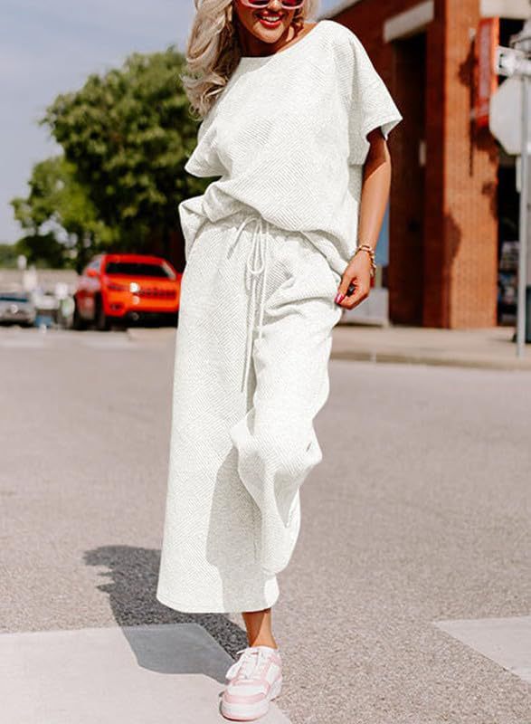Ribbed Drop Shoulder Top And Wide Leg Set - White - 1