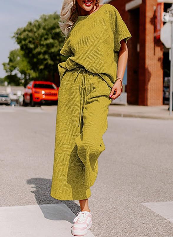 Ribbed Drop Shoulder Top And Wide Leg Set - Yellow