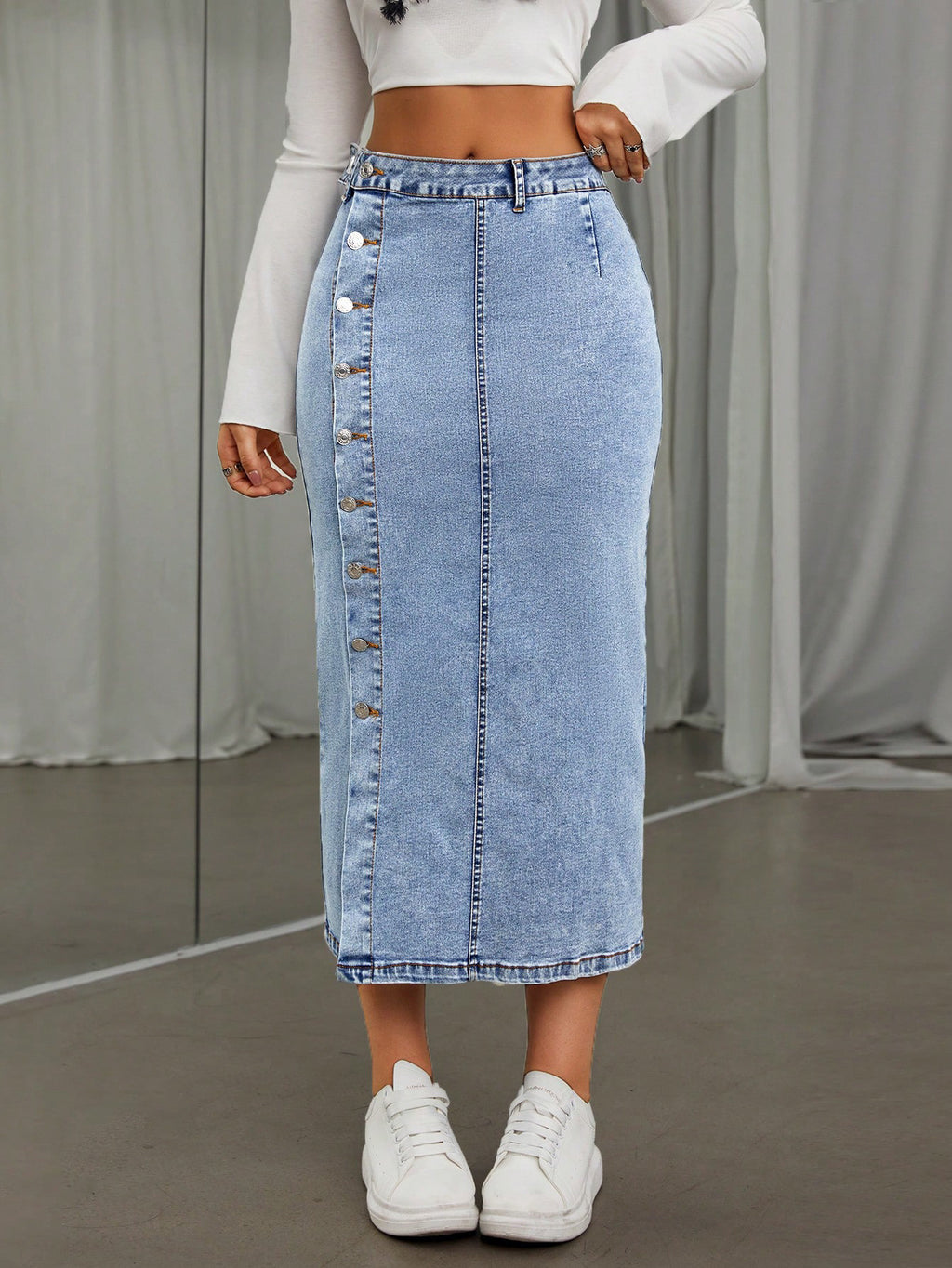 Light Wash Denim Midi Skirt With Button Front Slit - Blue