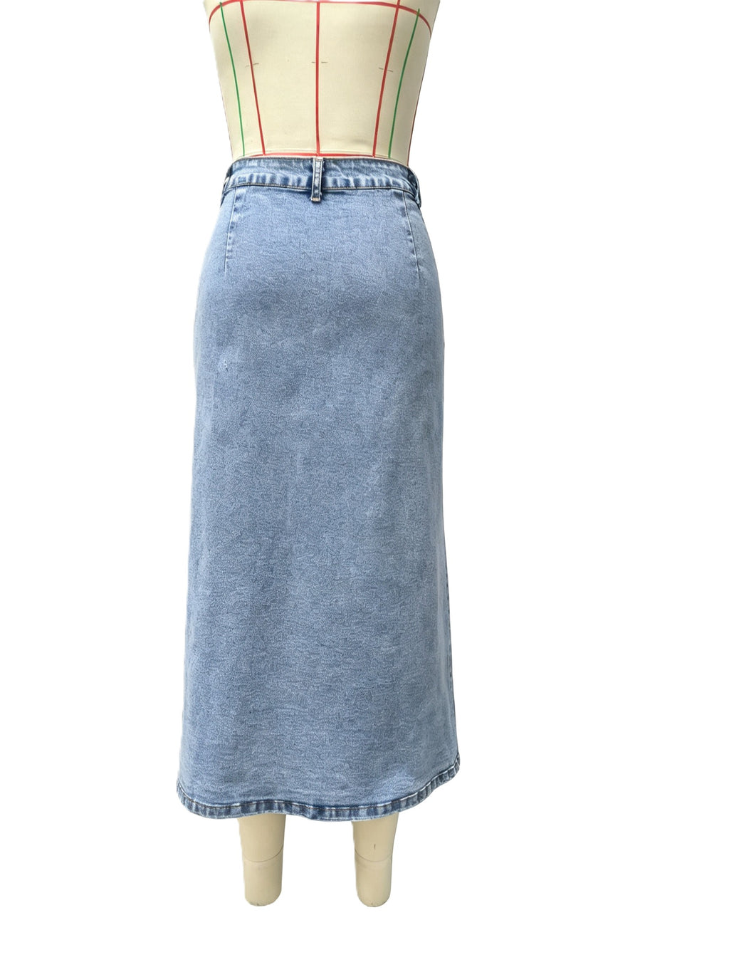 Light Wash Denim Midi Skirt With Button Front Slit - Blue - 1