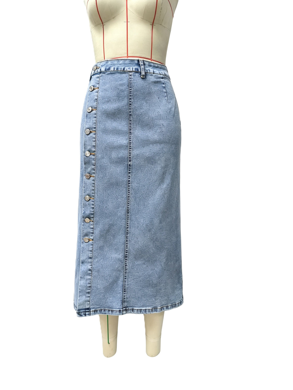 Light Wash Denim Midi Skirt With Button Front Slit - Blue - 2