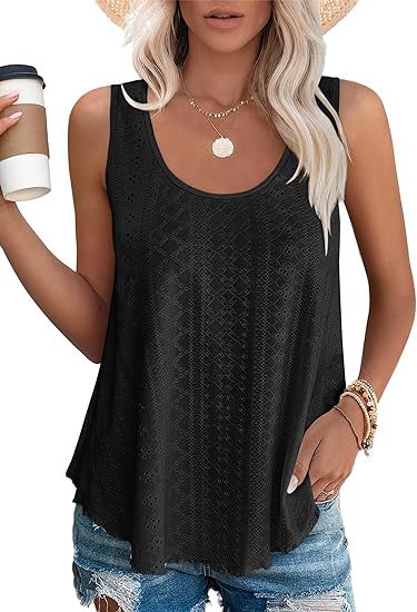 Eyelet Knit Scoop Neck Swing Tank Top - Black